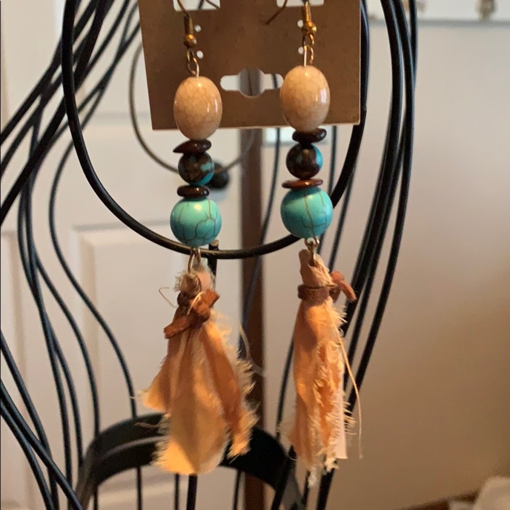 4.5” long homemade earrings w/ Swari silk